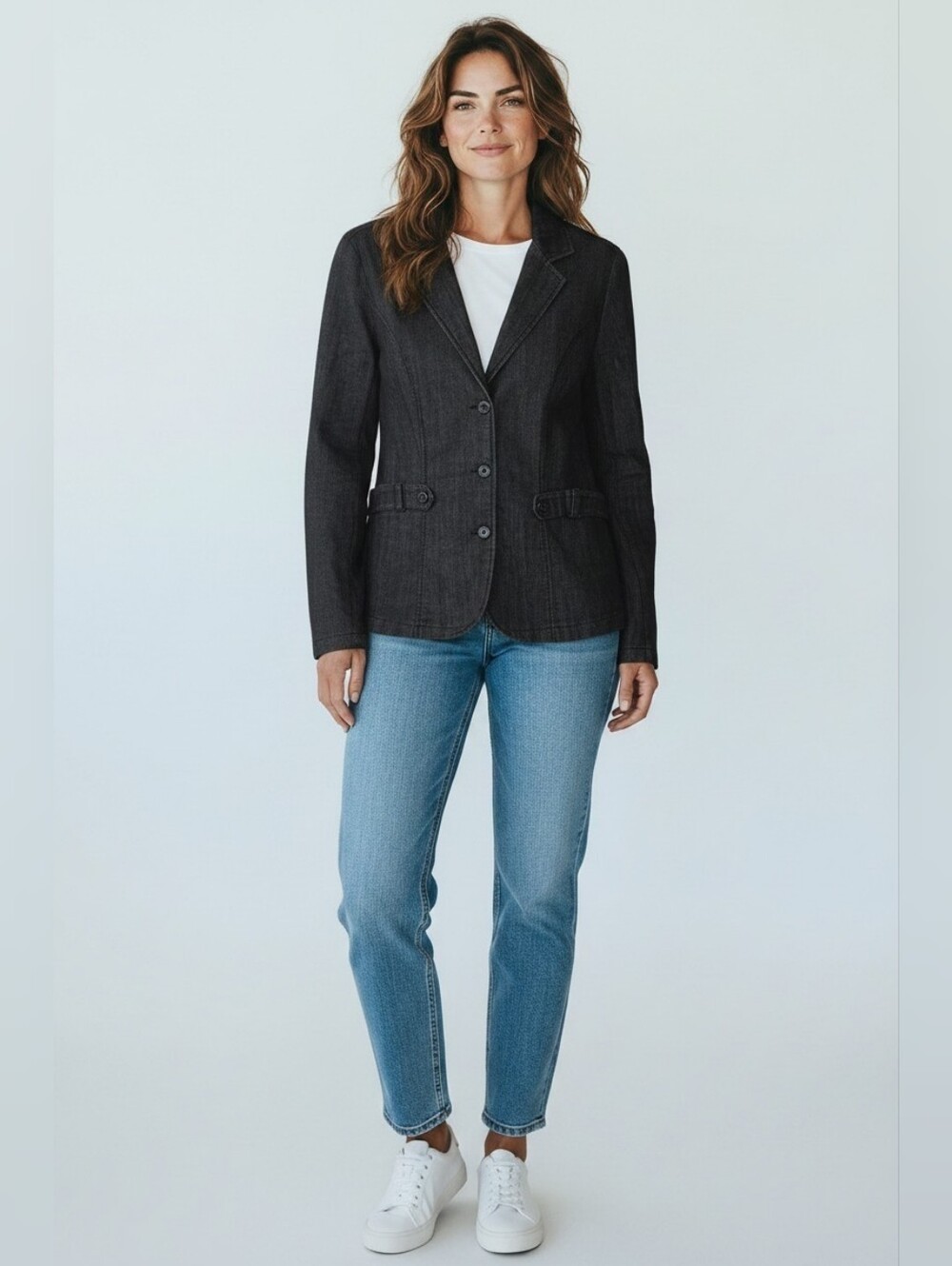 One5One Black Denim Jacket Cotton/Polyester/Spandex Size L Mock Belt Back Vent